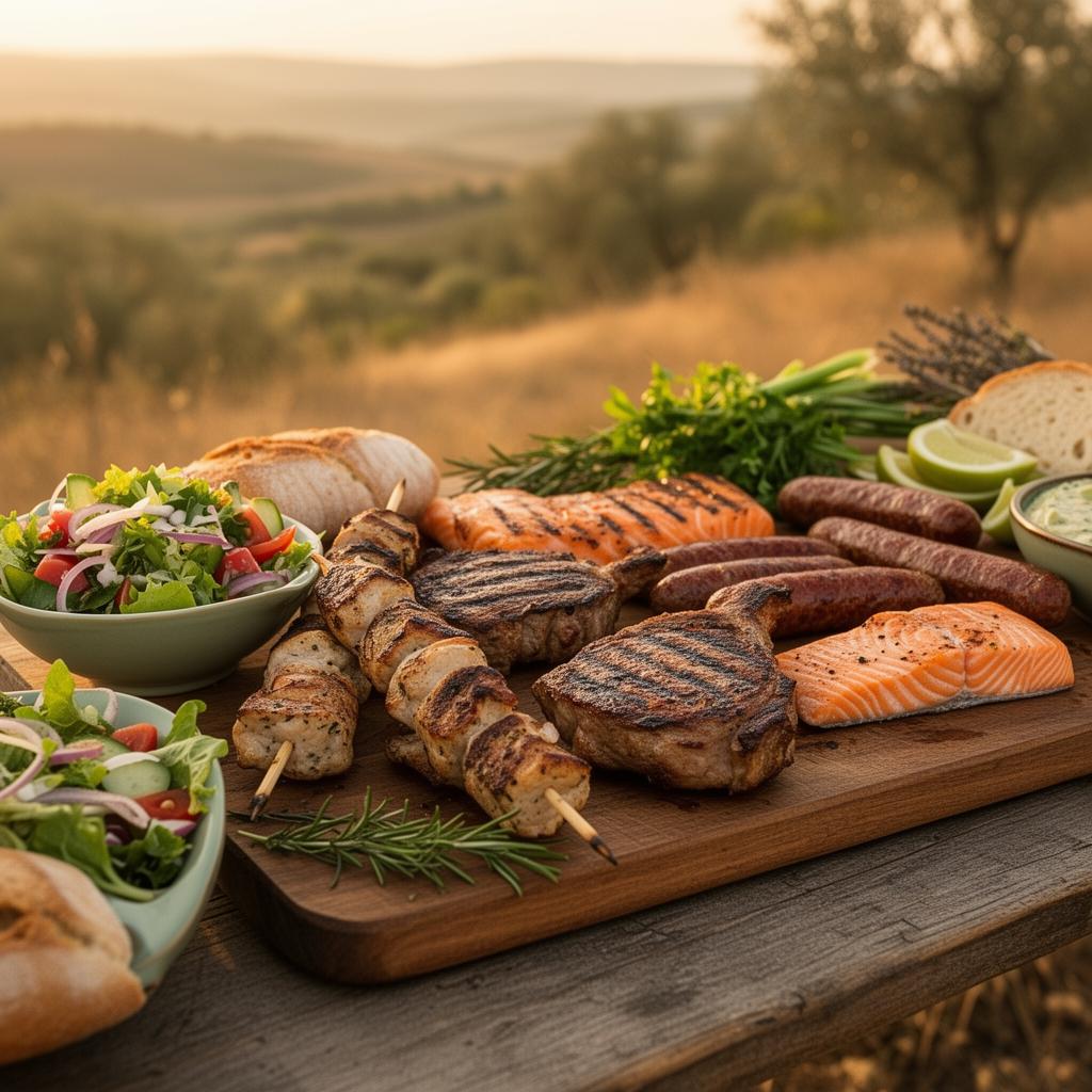 Barbecue met gegrild vlees, zalm en verse salades