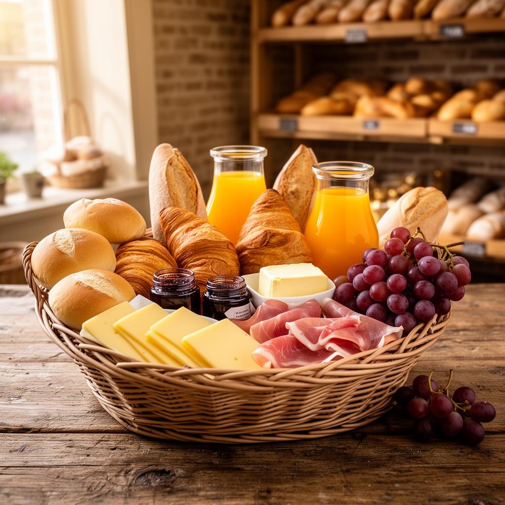 Ontbijtmand met verse broodjes en koffie